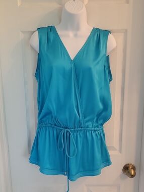 WHBM Sleeveless Teal V-Neck Drawstring Waist Blouse